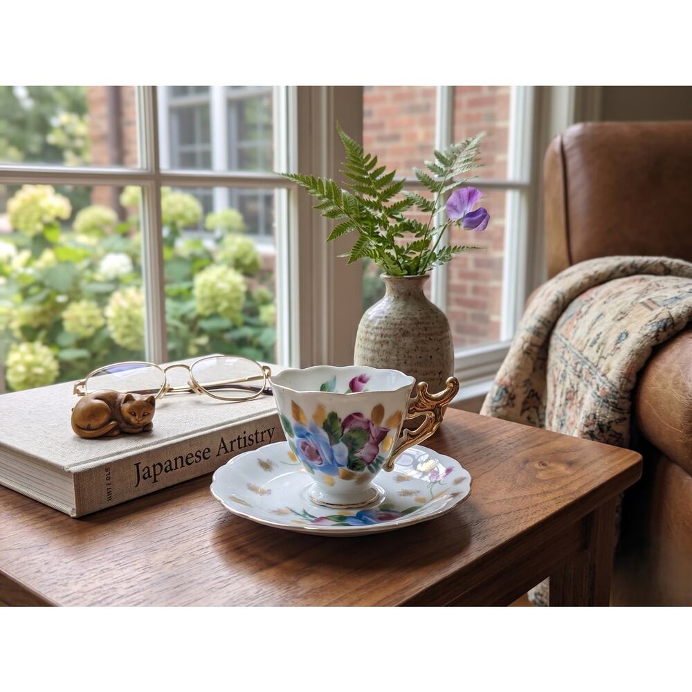 Occupied Japan Tea Cup and Saucer Set Gold Moriage Floral Grandmillennial Decor